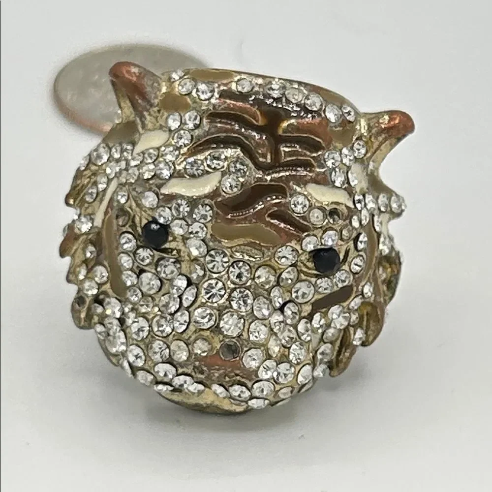 Tiger Cocktail Ring statement rhinestone brass enamel - size 7